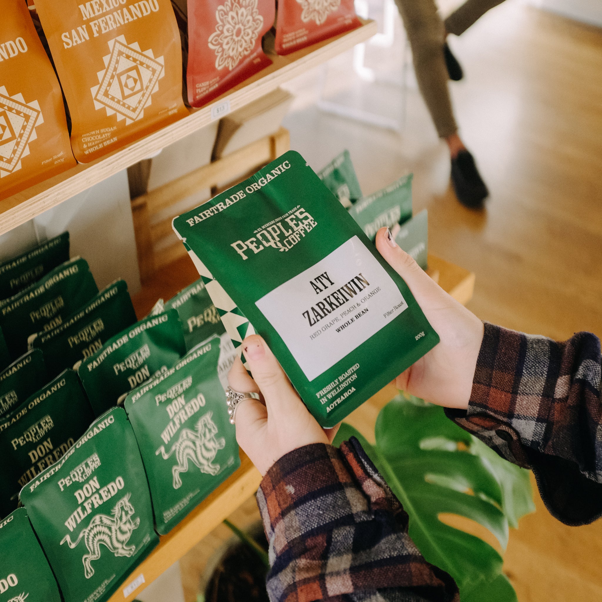 Specialty coffee bag on shelf shot on film