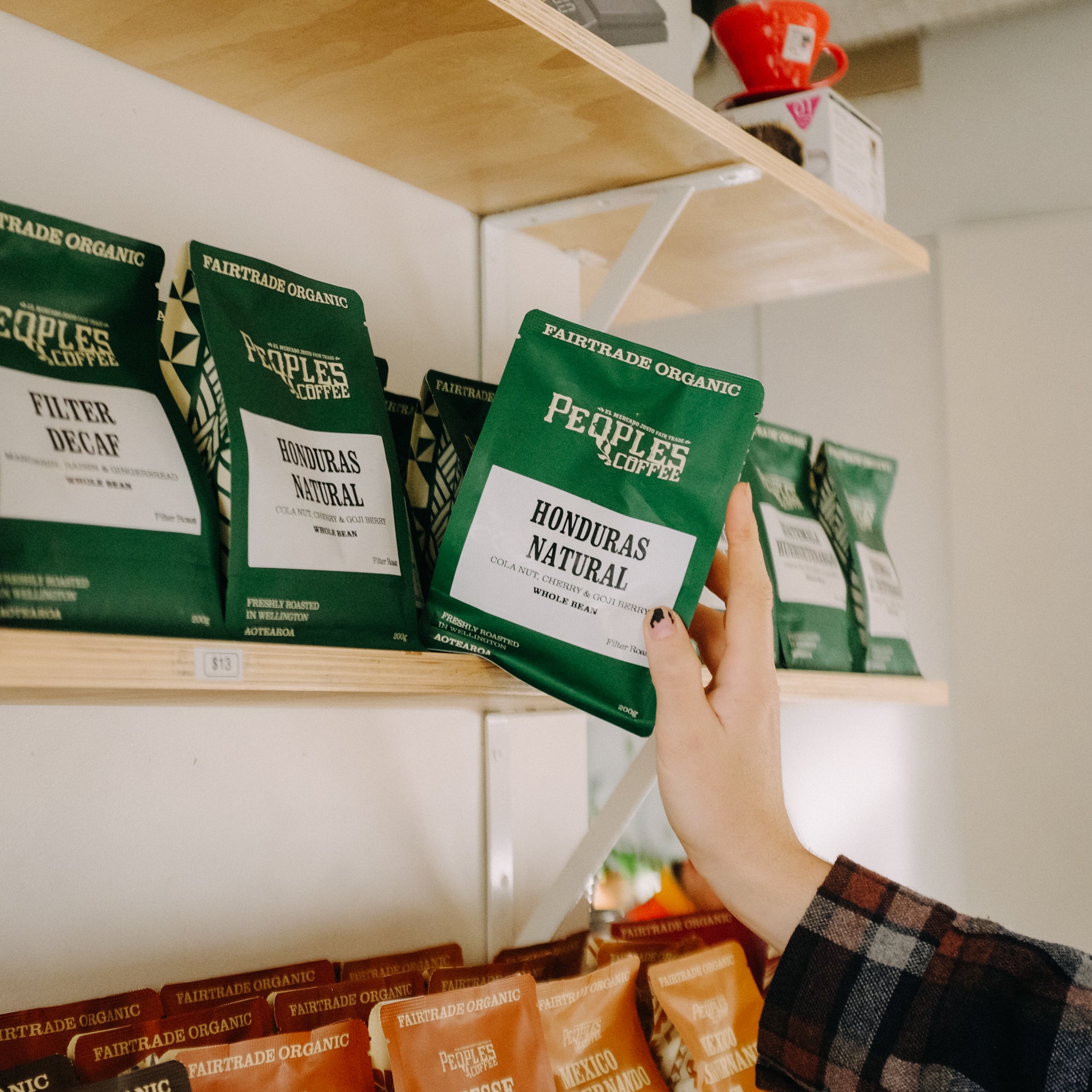 Specialty coffee bag on shelf shot on film