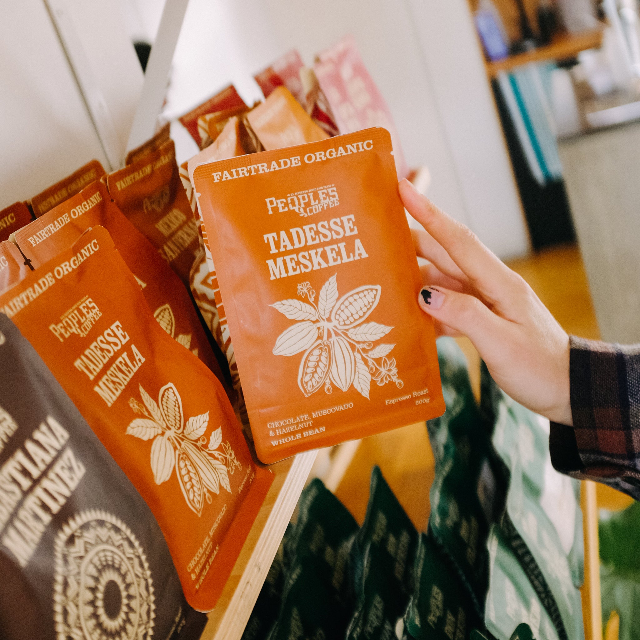 Specialty coffee bag on shelf shot on film