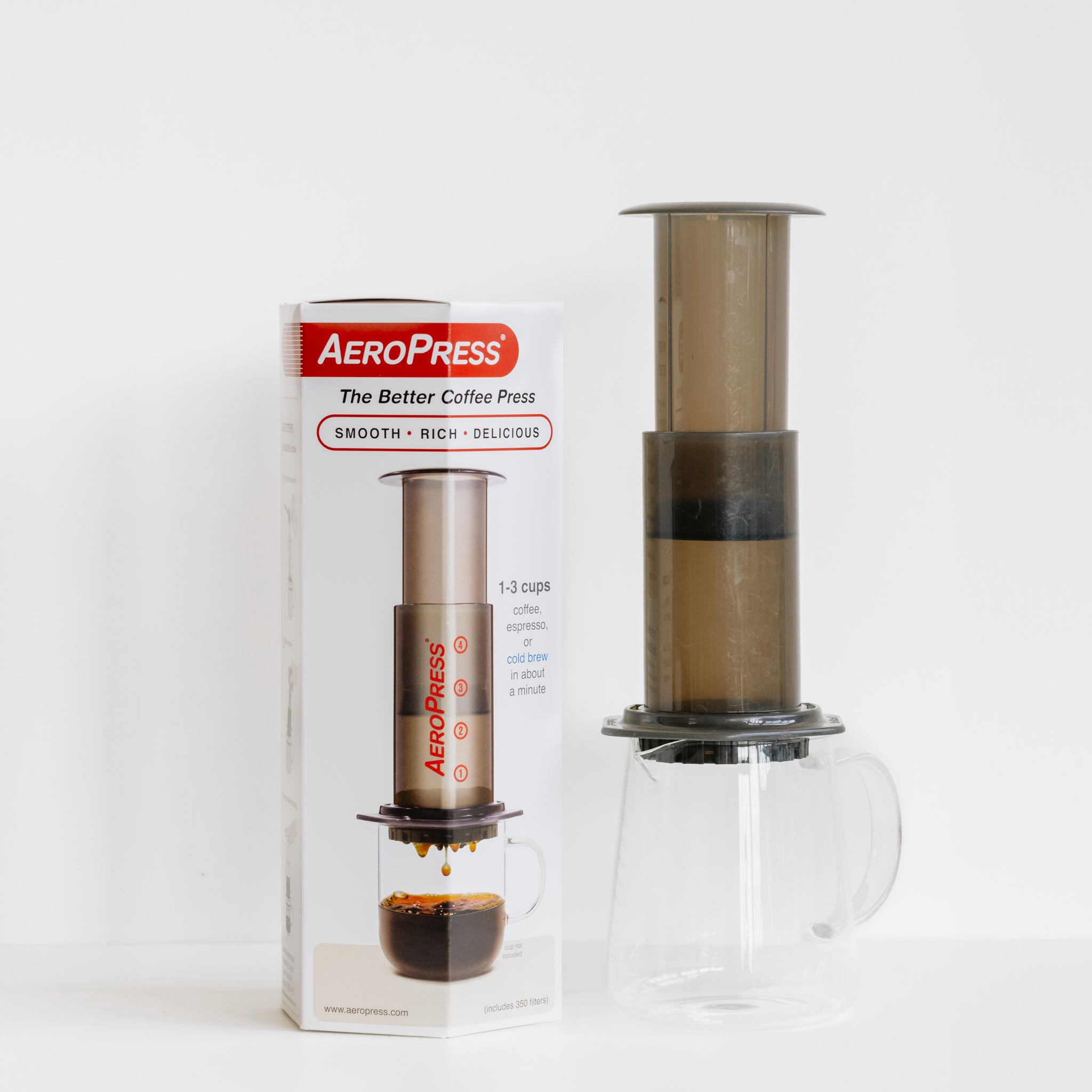 AeroPress coffee maker on white background