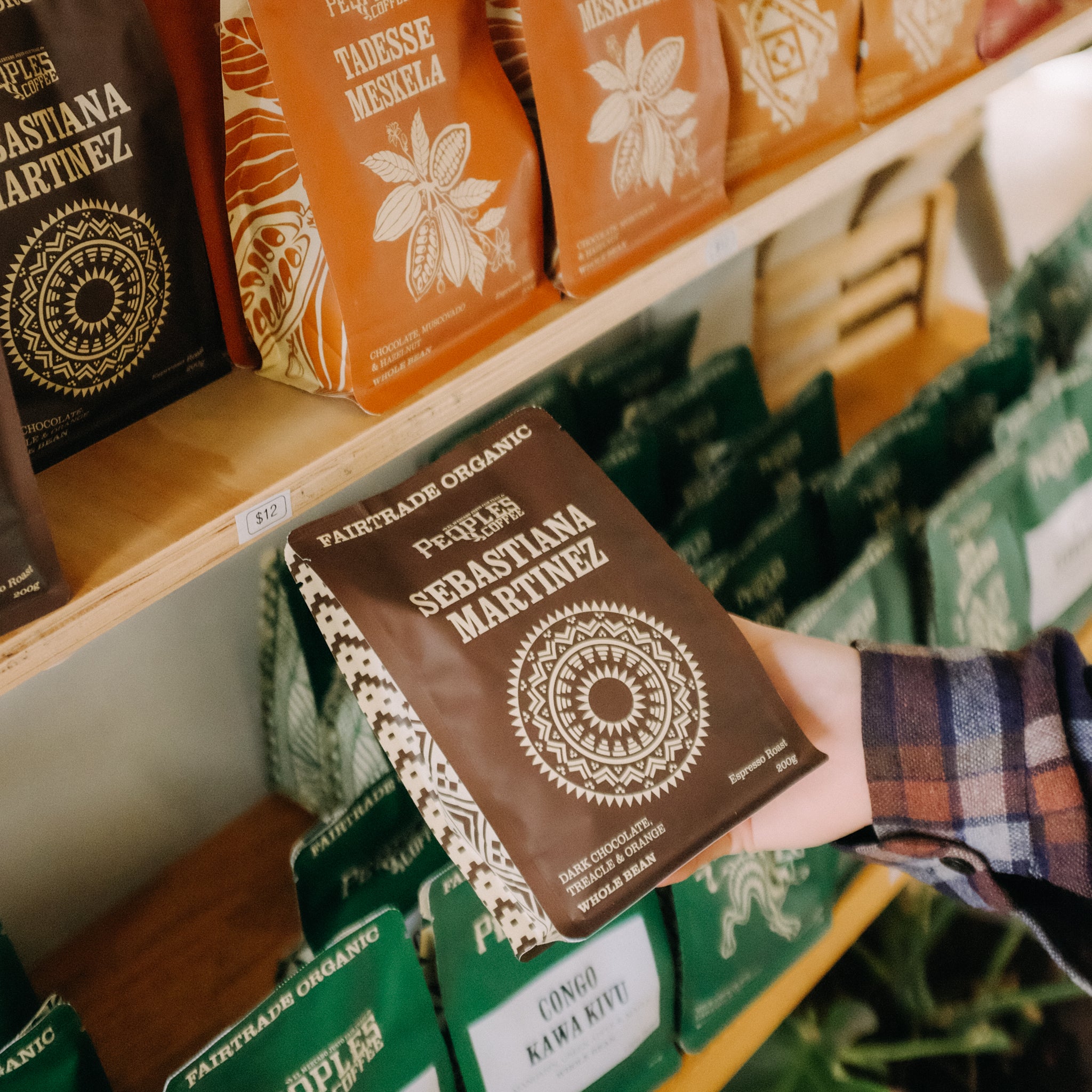 Specialty coffee bag on shelf shot on film